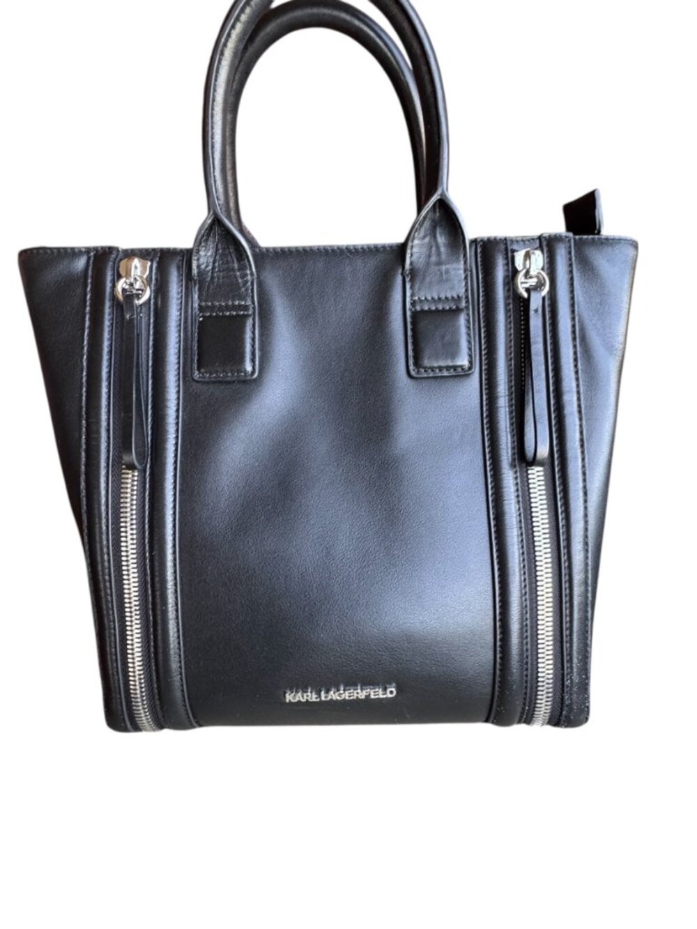 KARL LAGERFELD Black Leather Handbag, Removable Crossbody Strap, Zipper deco